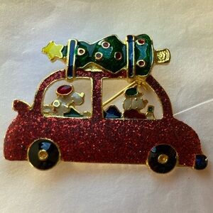 VTG DOGS driving in car with Christmas tree Car Enamel Signed Brooch